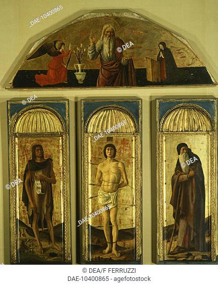 Triptych of St Sebastian, 1464-1470, by Giovanni Bellini (1431-36 - 1516) and other painters, tempera on panel, central panel 127x48, side panels 103x45