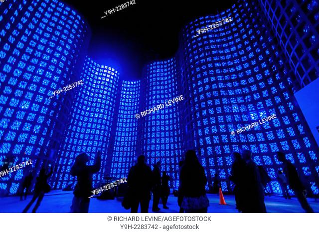 Visitors to the New York Hall of Science in Flushing Meadows Corona Park in in Queens in New York view the Great Hall. Designed by Wallace K