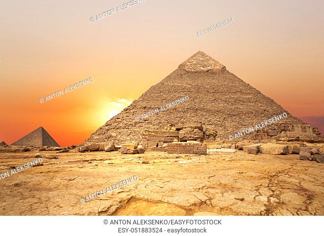Sunset in the desert and the Pyramid of Khafre, Egypt