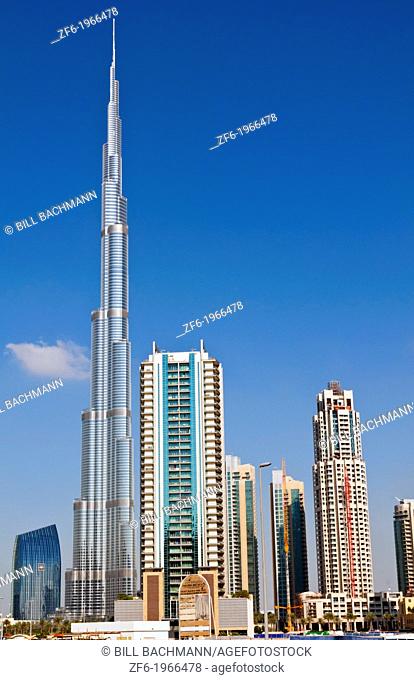 Construction and new skyline of amazing Dubai UAE with the world's tallest building Burj Khalifa at 2722 feet and 162 stories in thriving new United Arab...