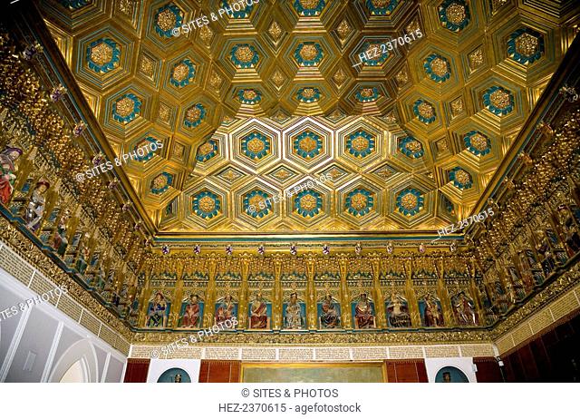 The Hall of Monarchs in the Alcazar of Segovia, Segovia, Spain, 2007. A section of the decorated ceiling and frieze (designed by Hernando de Avila)