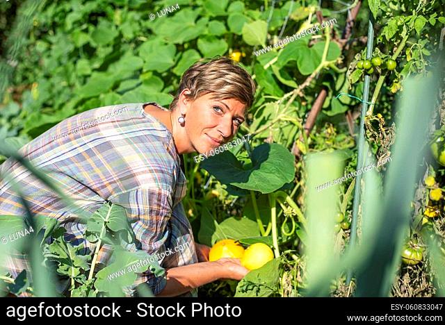 woman with pumpkin in the garden