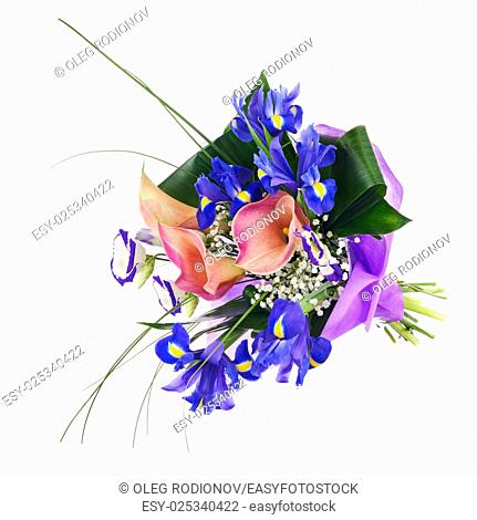 Flower bouquet from iris, calla and other flowers isolated on white background. Closeup