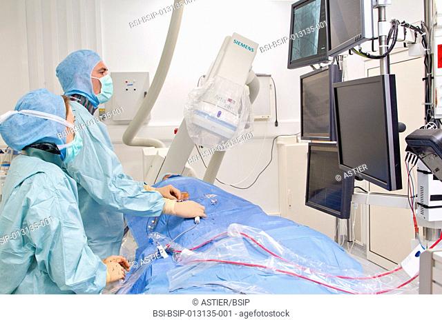 Cardiology department of Saint-Philibert hospital GHICL in Lille, France. Electrophysiology operating theatre. Radiofrequency ablation for an irregular heart...