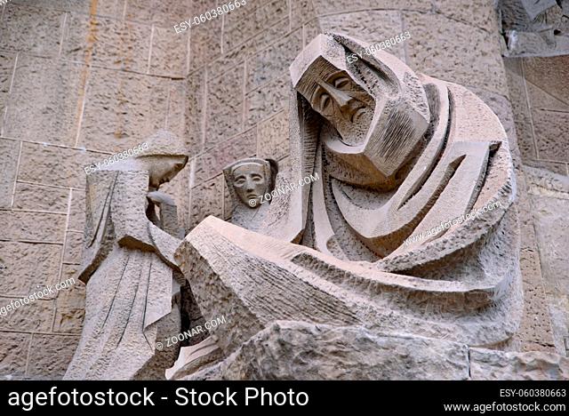 The sculptures on the Passion facade of Sagrada Familia in Barcelona, Spain