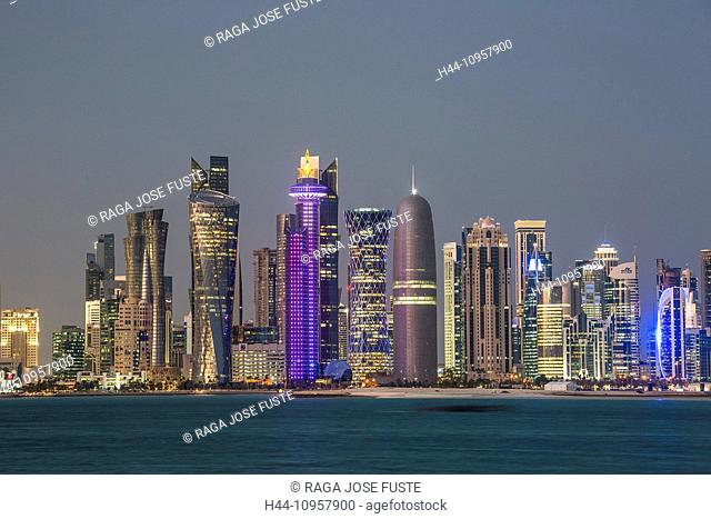 Al Bidda, Burj, Doha, Qatar, Middle East, World Trade Center, architecture, bay, city, colour, colourful, corniche, futuristic, lights, skyline, skyscrapers