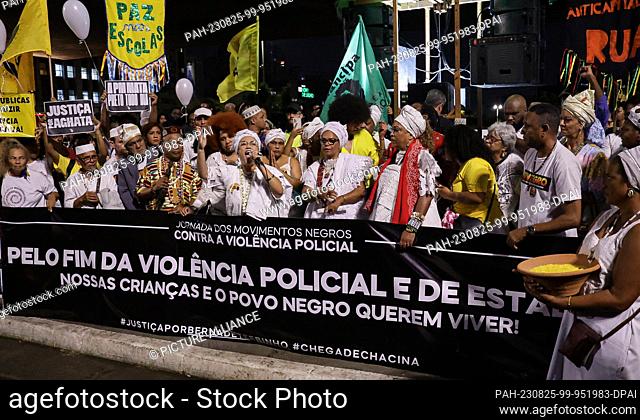 24 August 2023, Brazil, São Paulo: People take part in a demonstration by the Movimento Negro (Black Movement) against police violence and against police...