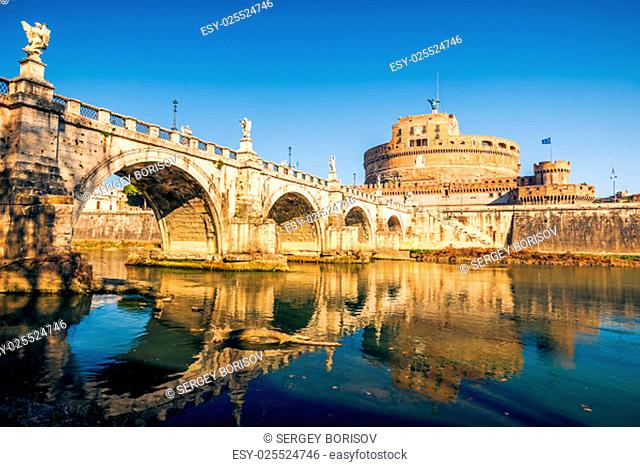 Saint Angel Castle and bridge over the Tiber river in Rome, Italy