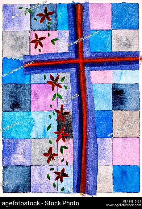 Watercolor by Heidrun Füssenhäuser Blue-red dark cross, background lighter. Red flowers and green leaves fall and point to the transience of life