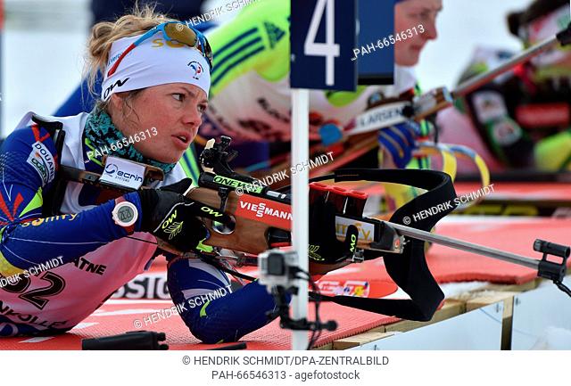 Marie Dorin Habert of France at the shooting range during zeroing prior the Women 15km Individual competition at the Biathlon World Championships