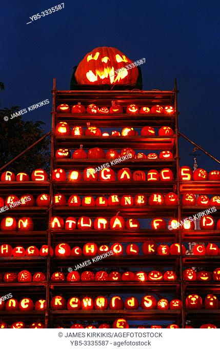 Hundreds of carved pumpkins tower into the sky at a pumpkin festival in Keene New Hampshire