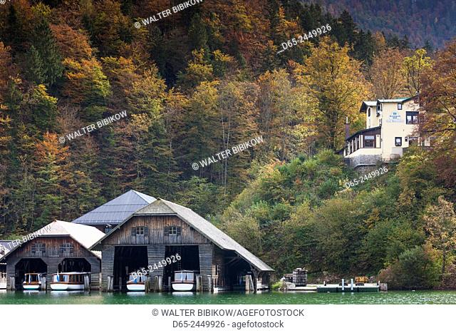 Germany, Bavaria, Konigsee, village by Konigsee Lake, lake tour boat garages