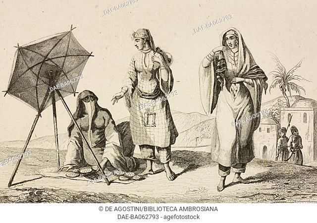 Arab women, engraving by Vernier from Arabie, by Noel Desvergers, avec une carte de l'Arabie et note by Jomard, L'Univers pittoresque