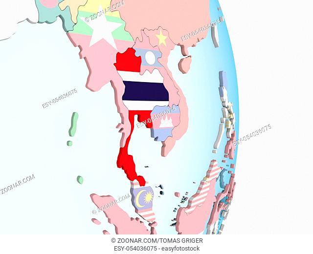 Thailand on bright political globe with embedded flag. 3D illustration