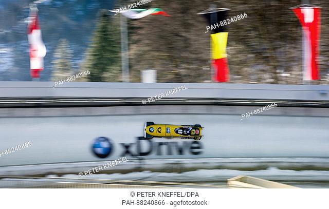 Bobsleigh athletes Francesco Friedrich and Thorsten Margis from Germany in the 3rd lap in Schoenau am Koenigssee in Germany, on 19 February 2017