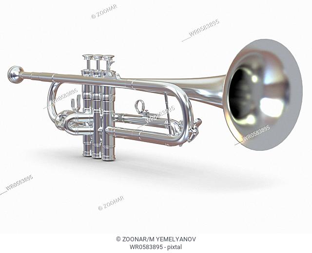Silver trumpet on white isolated background. 3d