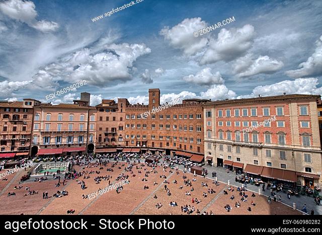 Wonderful aerial view of Piazza del Campo, Siena on a beautiful sunny day