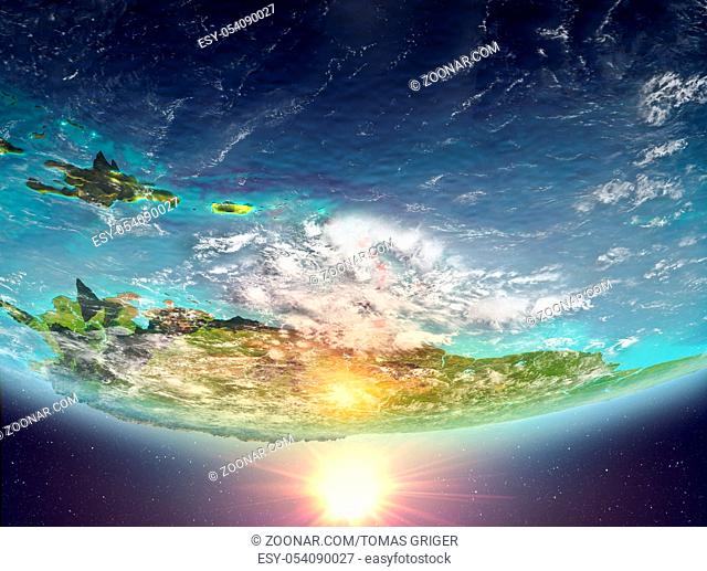 Caribbean during sunrise highlighted in red on planet Earth with clouds. 3D illustration. Elements of this image furnished by NASA