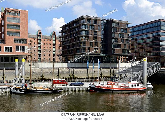 Ships moored at Tall Ship Harbour, Traditionsschiffhafen harbour, historic harbour with modern residential and office buildings, Sandtorhafen harbour