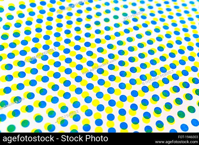 3D blue and yellow dots pattern overlapping on white background
