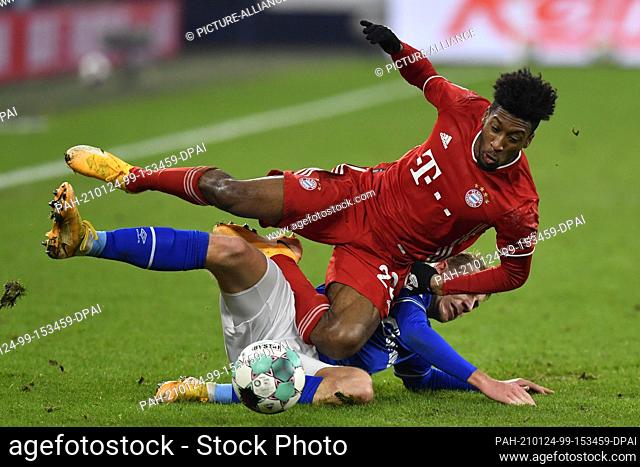 24 January 2021, Gelsenkirchen: Football: Bundesliga, FC Schalke 04 - Bayern Munich, Matchday 18: Munich's Kingsley Coman (o) and Schalke's Timo Becker fight...