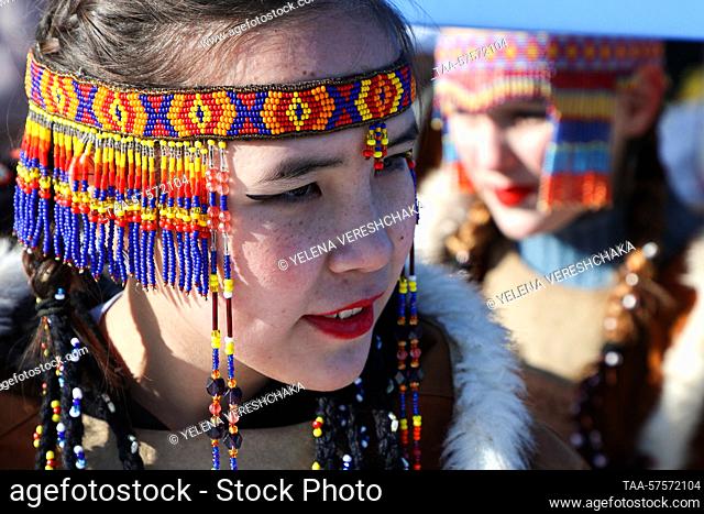 RUSSIA, KAMCHATKA REGION - FEBRUARY 26, 2023: Women enjoy festivities marking Reindeer Breeder Day in the village of Esso, Bystrinsky District