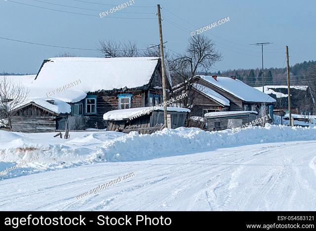 Winter time. Image of dog runs through village in daytime
