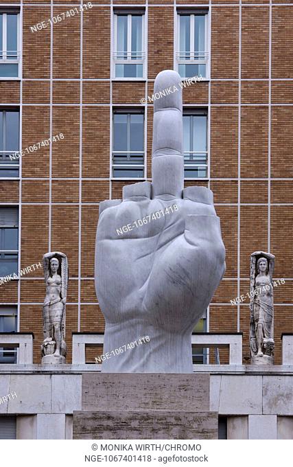 Sculpture of the Italian artist Maurizio Cattelan on Piazza Affari, Milan, Milano, Lombardy, Italy, Europe