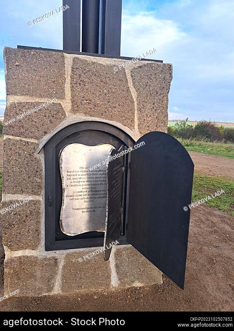 A door in the stone pedestal of the forged sculpture of the Wings of Hope at the Koterov scenic viewpoint above Pilsen, Czech Republic, pictured on October 25