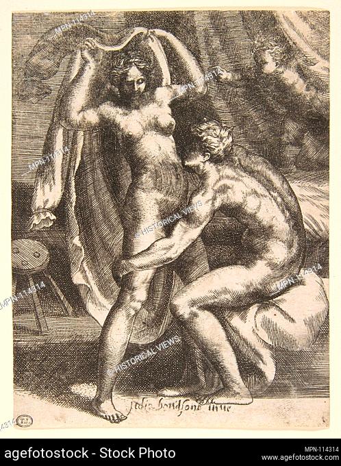 Two lovers, a man pulling a woman toward a bed, from 'The Loves of the Gods'. Series/Portfolio: The Loves of the Gods (Amorosi diletti degli dei); Artist:...