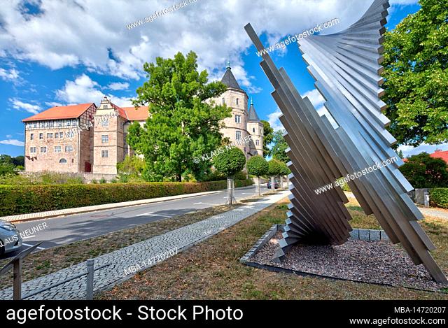 Bertholdsburg Castle, sculpture, museum, castle complex, house facade, village view, summer, Schleusingen, Thuringia, Germany, Europe