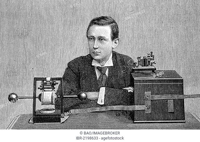 Guglielmo, since 1924 known as Marchese, Marconi, 1874 - 1937, an Italian researcher, entrepreneur and pioneer of wireless telecommunication, with his telegraph
