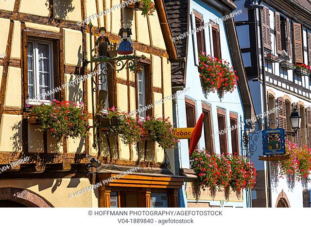 Close up of decorated windows in Eguisheim, Alsace, France, Europe