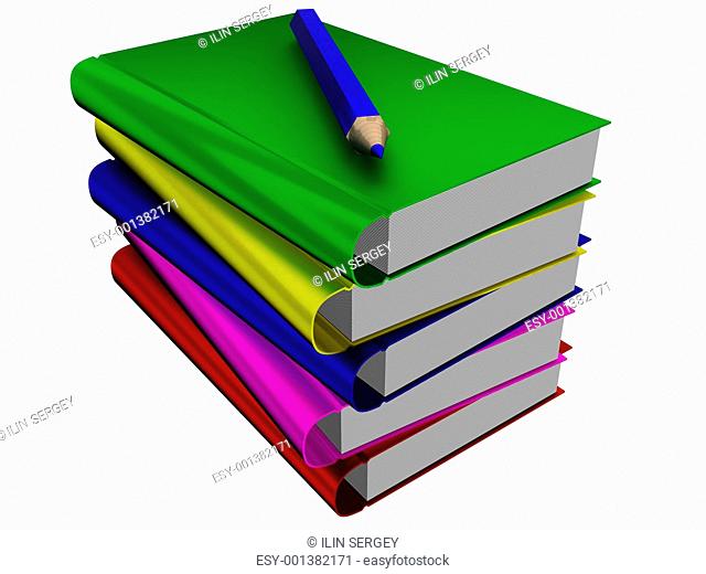 Pile of books and pencil. 3D the isolated image