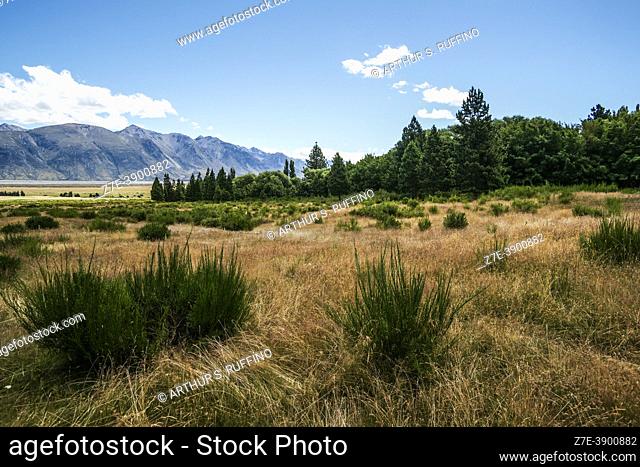 Southern Alps and panorama of the landscape adjacent Mount Sunday. Mount Sunday was used as the location site for Edoras in the Lord of the Rings films