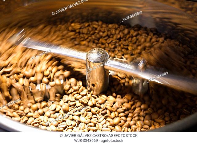 Freshly roasted coffee beans cooling