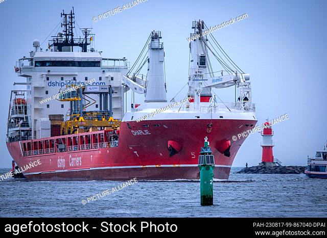 17 August 2023, Mecklenburg-Western Pomerania, Rostock: The cargo ship ""Charlie"" sails from Gdynia in Poland through the sea canal towards the port