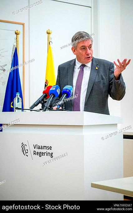 Flemish Minister President Jan Jambon pictured during a press conference regarding the agreement on the nitrogen decree by the Flemish government in Brussels