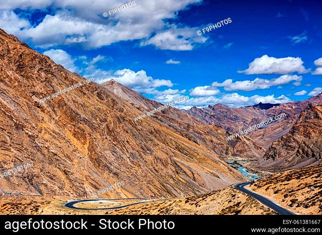 Trans-Himalayan Manali-Leh highway road in Himalayas. Ladakh, Jammu and Kashmir, India