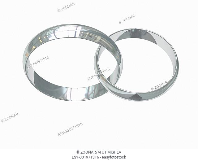 Two platinum or silver wedding rings on white chained together. High resolution 3D image