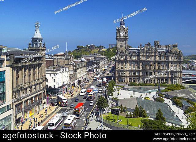 Princes Street, Edinburgh, Scotland. View from the Scott Monument along Princes Street to the Balmoral Hotel and Calton Hill
