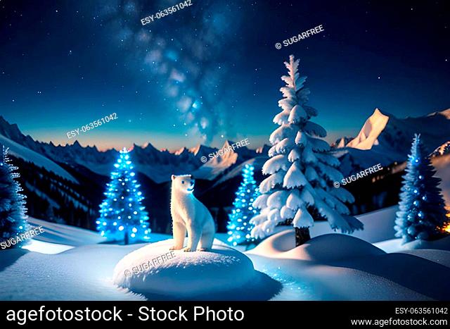 Illustration of polar bear in natural arctic environment, sunset, sky, snow, icebergs., AI generated image