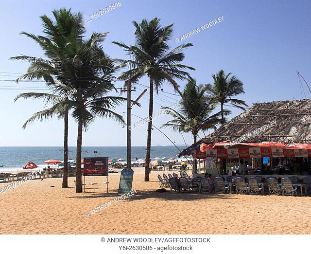 Beach umbrellas palm trees and restaurant Benaulim Beach Goa India