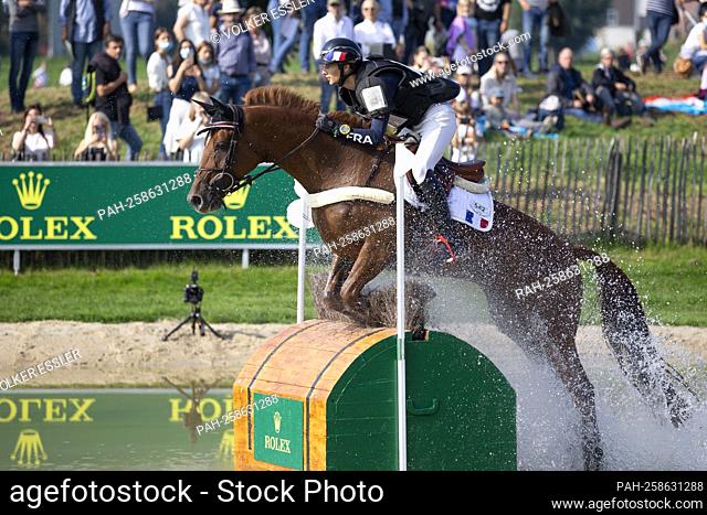 Romain SANS (FRA) on Unetoile de la Serre, action in the water, in the Rolex Complex, eventing, cross-country C1C: SAP Cup, on September 18, 2021