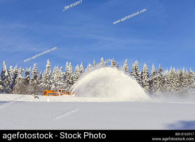 Snow blower milled road free, Schauinsland, Black Forest, Freiburg im Breisgau, Baden Wurttemberg, Germany, Europe