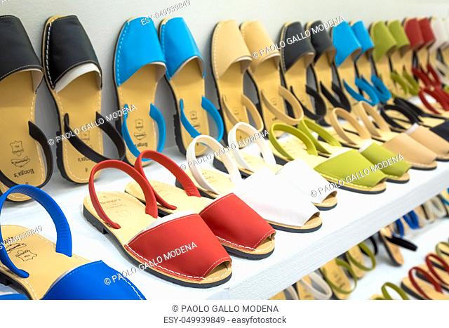 MENORCA, SPAIN - June 29, 2018: traditional Menorca sandals (named Avarca) in exposition