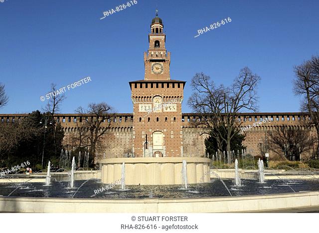 The Torre del Filarete clock tower at the 15th century Sforza Castle (Castello Sforzesco), Milan, Lombardy, Italy, Europe