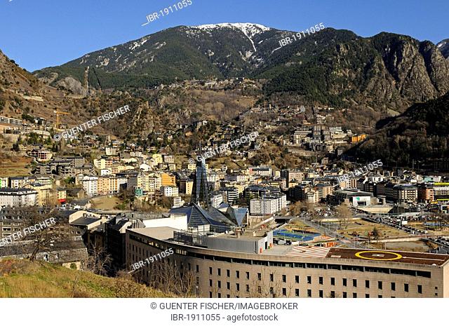 View over Escaldes-Engordany with the Caldea Thermal Spa as a landmark, Principality of Andorra, Europe