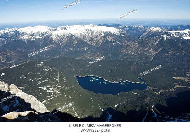 View of Eib Lake from the Zugspitze, Germany's highest peak, Alps, Bavaria, Germany, Europe