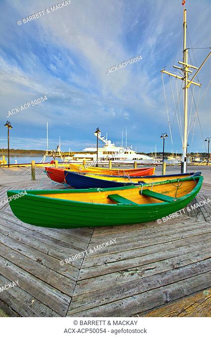 Dories on wharf, Yarmouth Waterfront at dawn, Nova Scotia, Canada